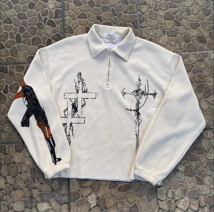 Unisex Oversized Streetwear Hoodie With Gun & Lettering Print – Zip-Up Long Sleeve Pullover (White) | S-Xxl | Urban Fashion_viptrois.com