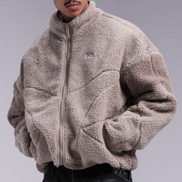 Men's Fleece Lined Zip Up Jacket - Winter Warm Streetwear Coat With Stand Collar, Loose Fit For Casual Daily Wear (Black, Dark Grey, Brown)_viptrois.com