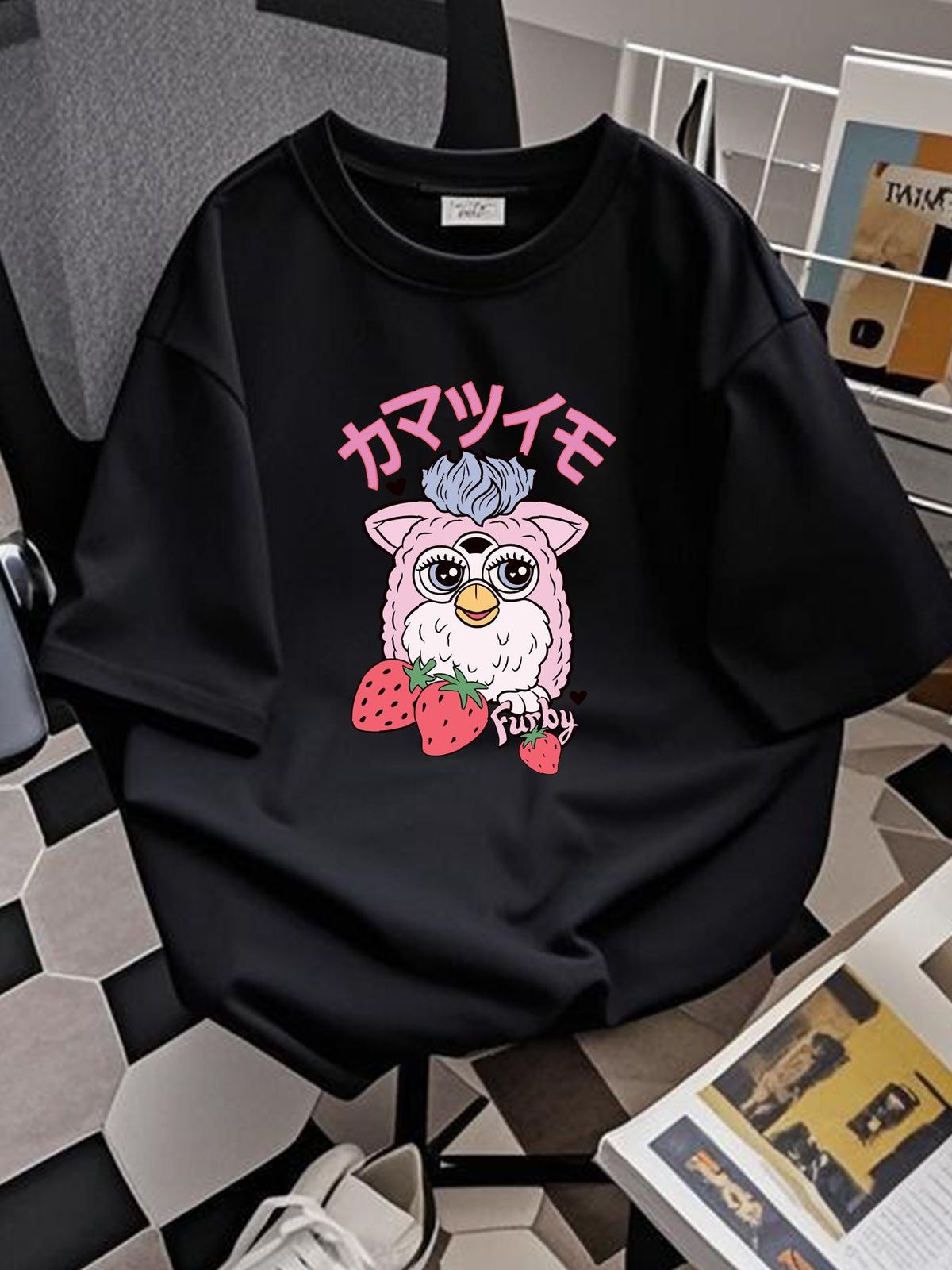 Furby Womens Fashion T-Shirt Furby Strawberry Top Tee S-XL Official Summer Top For Everyday Wear Streetwear Homme Unisex Graphic Stylish Casual_viptrois.com