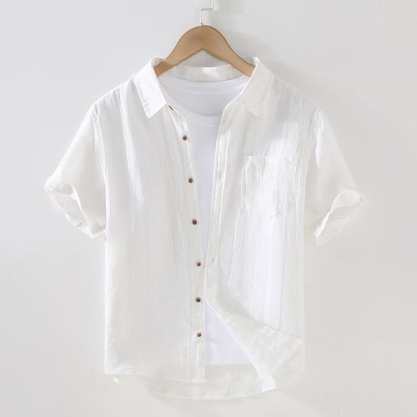 Summer Casual Short-sleeve Linen T-shirt For Men, Stand-up Collar Shirt, Chinese Retro Style, Large V-neck, Breathable,_viptrois.com