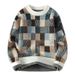 Men's Winter Knit Sweater – Thickened Acrylic Crewneck Pullover With Plaid Print (M-3XL, Navy/White/Brown, Casual & Warm)_viptrois.com