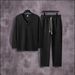 European And American Autumn Casual Men's Textured Solid Color V Neck Pullover Short Sleeved Drawstring Pocket Trousers Suit_viptrois.com