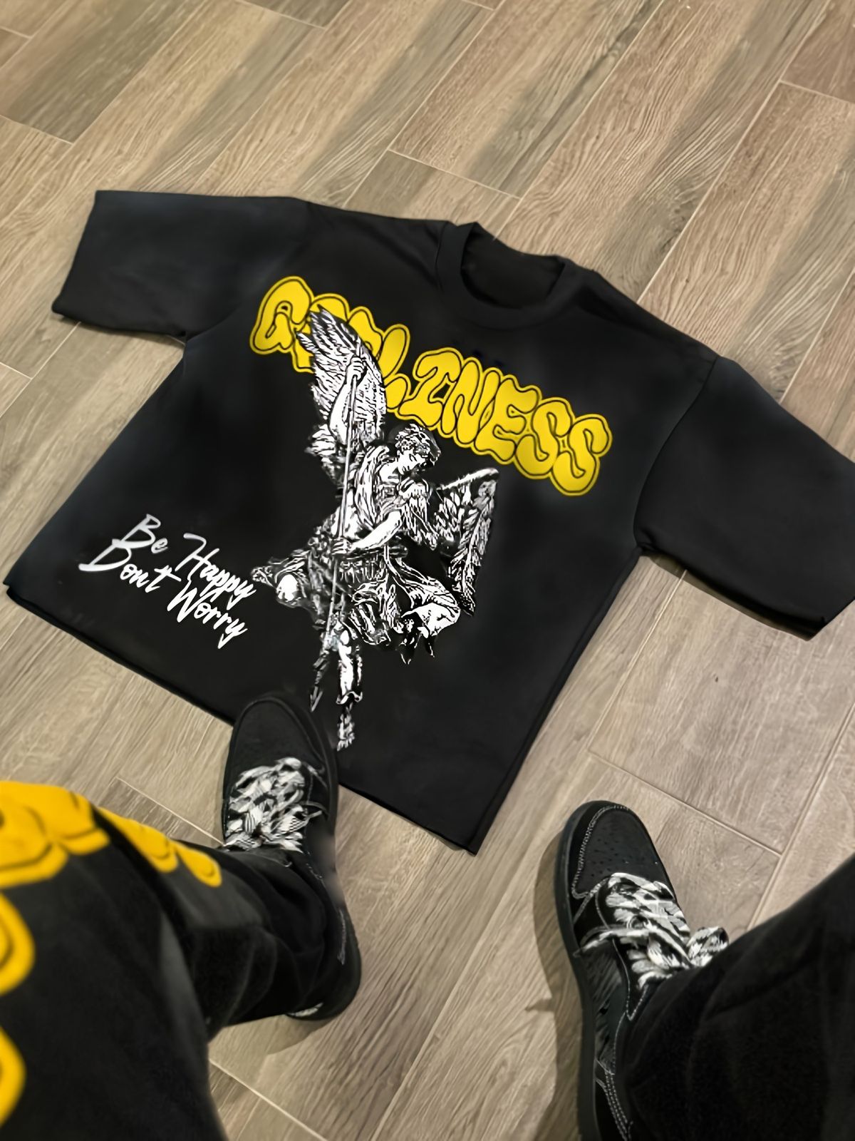 Men's Clothing New Cross Border Men's Summer Street Style Angel Print Black Short Sleeved T Shirt_viptrois.com