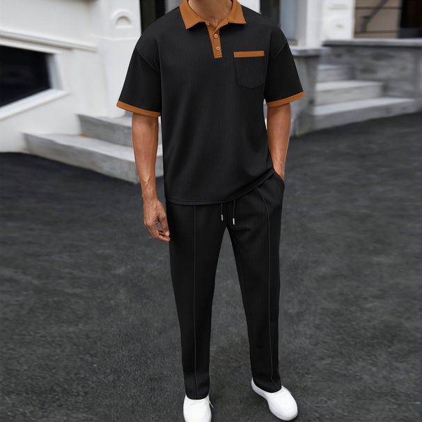 Men's Clothing Waffle Lapel Color Matching Short Sleeved Trousers Two Piece Casual Suit_viptrois.com