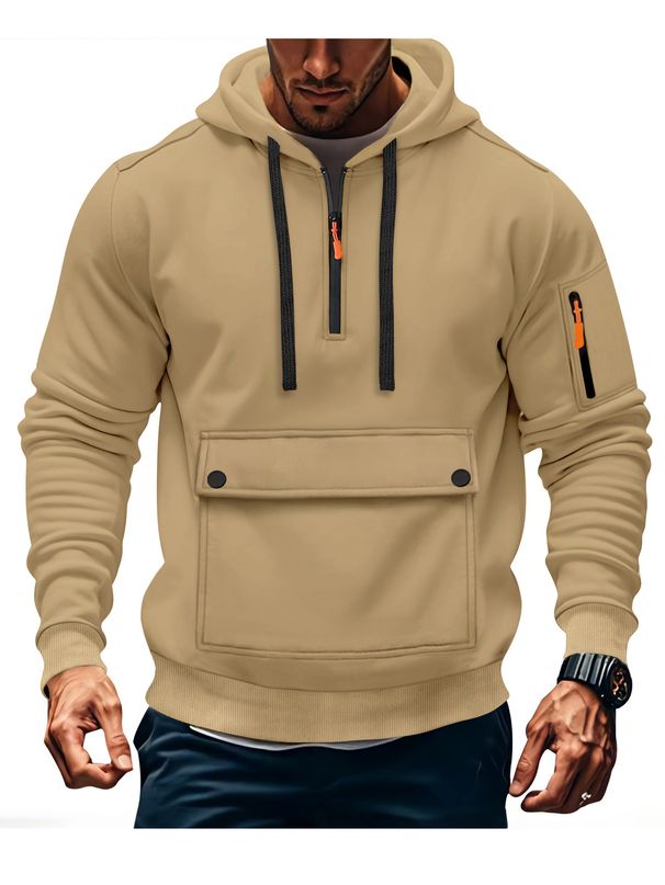 Men's Zip Pocket Hoodie - Breathable Polyester Pullover With Arm Storage, Oversized Fit For Casual & Sports_viptrois.com