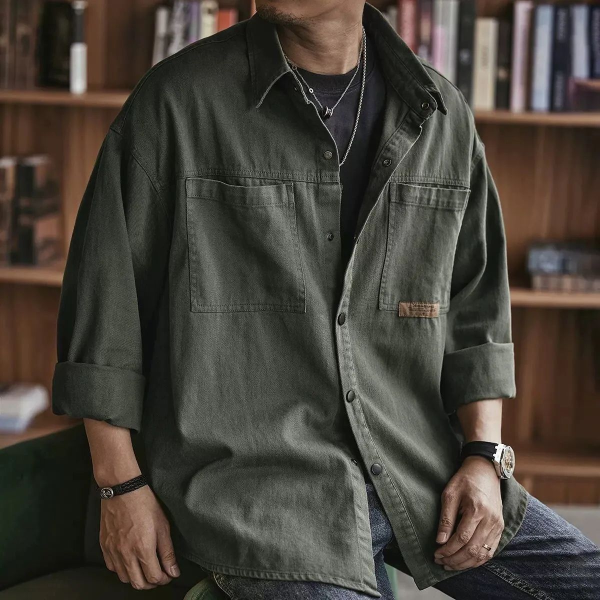 CT Work Shirt Spring Autumn Large Size Loose Trendy Casual Top Solid Color Cardigan Turn-down Collar Jacket Men_viptrois.com