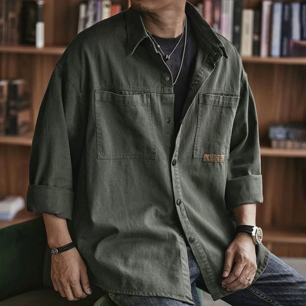 CT Work Shirt Spring Autumn Large Size Loose Trendy Casual Top Solid Color Cardigan Turn-down Collar Jacket Men_viptrois.com