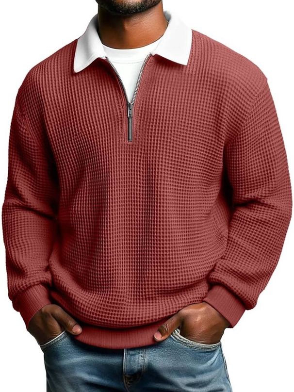Men's Waffle-Knit Polo Shirt – Long Sleeve Color Block Collar Top, Casual & Stylish For Everyday Wear_viptrois.com