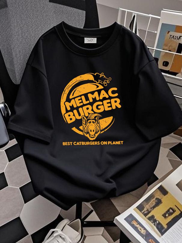 Melmac Burger T Shirt Olive Orange Alf Gordon Shumway Fun Cult 80s Designer Clothes Stylish Breathable Homme Unisex Top For Everyday Wear_viptrois.com
