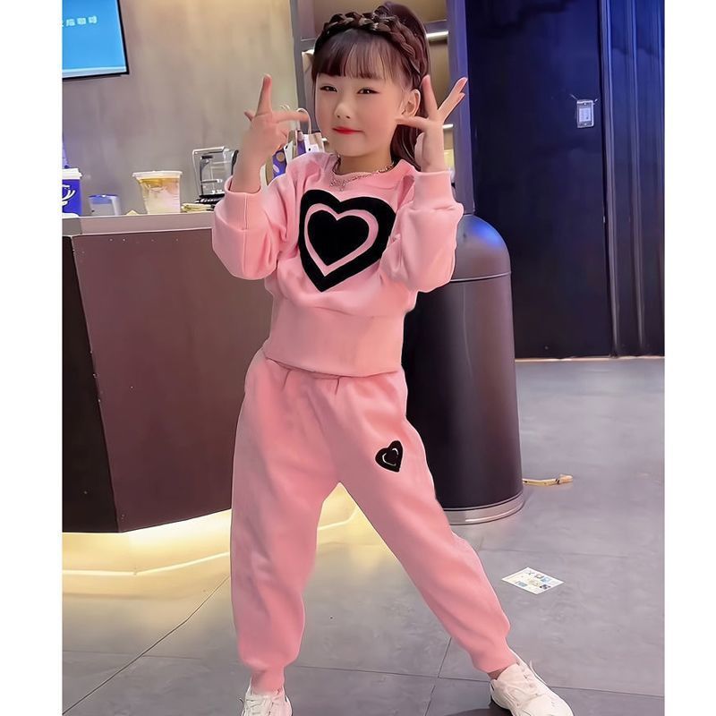 Girls Sweet Autumn Clothes For Middle And Large Children Wide Leg Pants Casual 2024 Autumn New Style Pure Color Sweet Love Two Piece Suit Trendy_viptrois.com