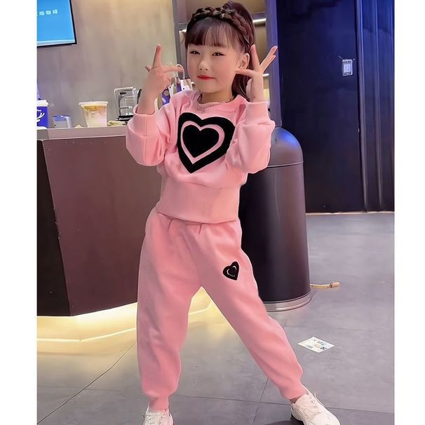 Girls Sweet Autumn Clothes For Middle And Large Children Wide Leg Pants Casual 2024 Autumn New Style Pure Color Sweet Love Two Piece Suit Trendy_viptrois.com