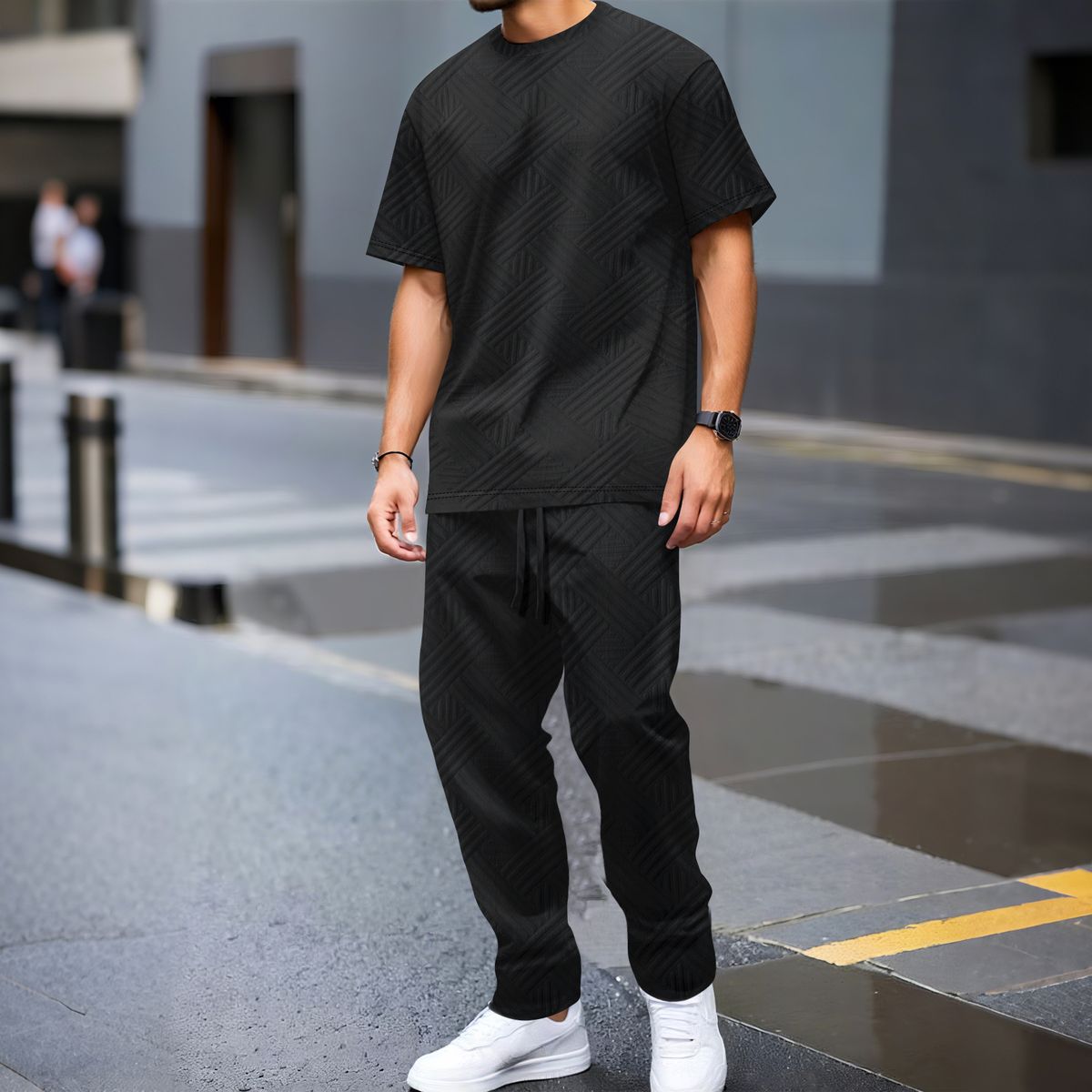 Men's Clothing Summer Heavy Solid Color Jacquard Round Neck Short Sleeved T Shirt Trousers Outdoor Leisure Two Sets_viptrois.com