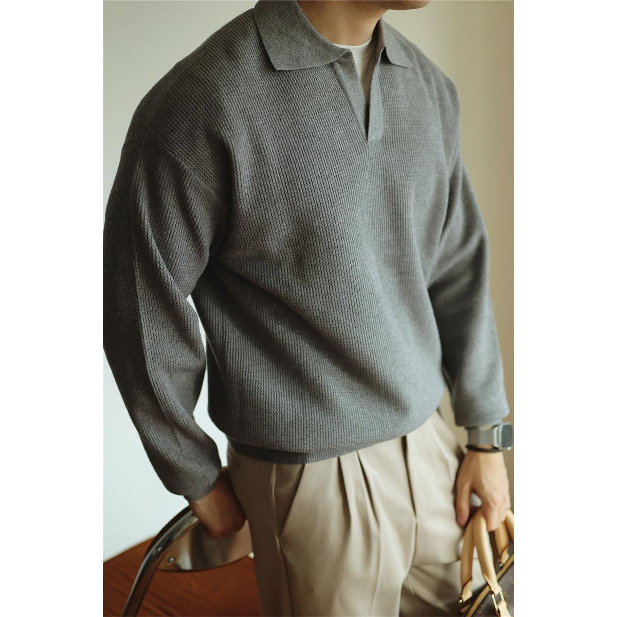 Men’s Vintage V-Neck Knit Sweater – Oversized Pullover With Lapel Collar (M-4XL) – Warm & Stylish (Black/Grey/Beige)_viptrois.com