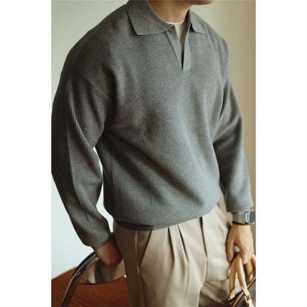 Men’s Vintage V-Neck Knit Sweater – Oversized Pullover With Lapel Collar (M-4XL) – Warm & Stylish (Black/Grey/Beige)_viptrois.com