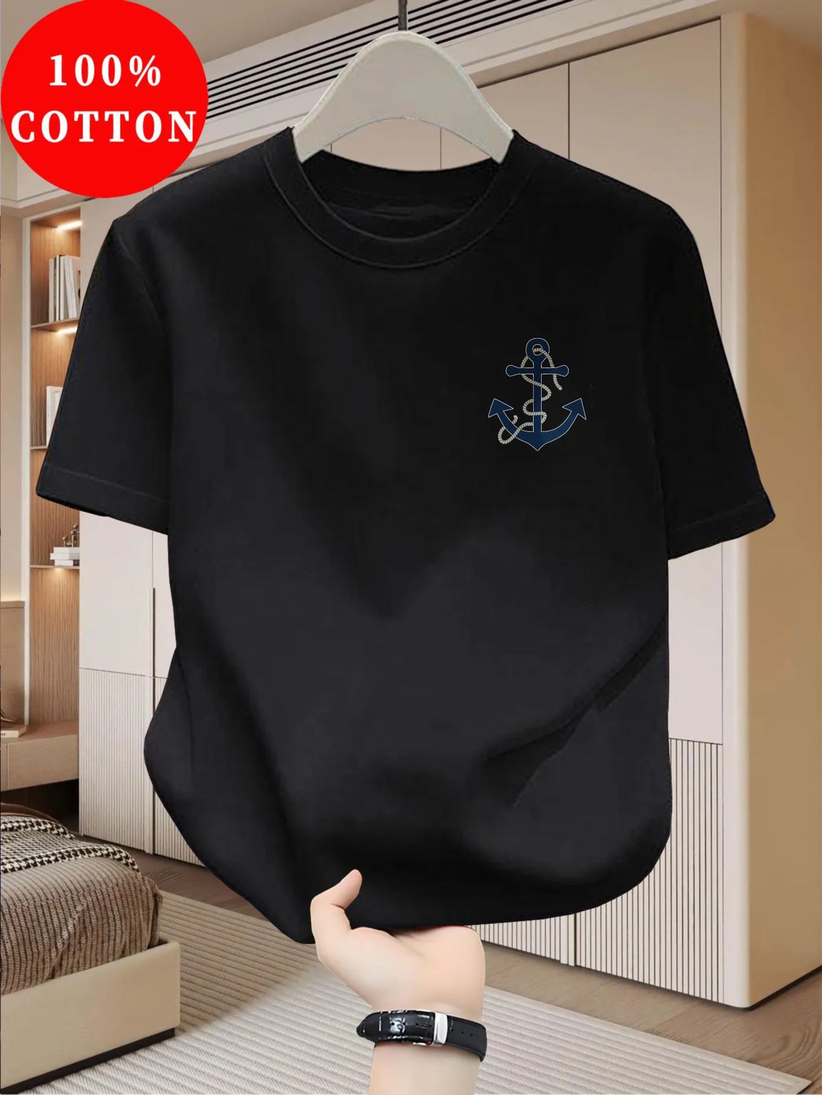 Maglietta Uomo 180g Cotone Puro Girocollo Stampa Ancora Traspirante Elegante Versatile Taglio Regolare Estivo_viptrois.com