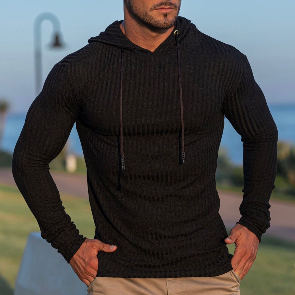 Men's Clothing Slim Fit Hooded Sweatshirt - Lightweight Stretch Knit Workout Top For Gym & Casual Wear (Black, Navy, Khaki, Light Grey, Army Green)_viptrois.com