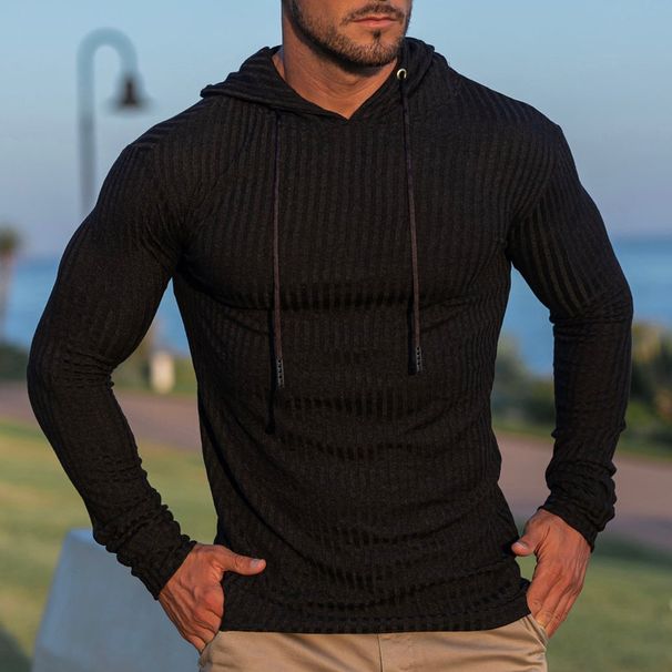 Men's Clothing Slim Fit Hooded Sweatshirt - Lightweight Stretch Knit Workout Top For Gym & Casual Wear (Black, Navy, Khaki, Light Grey, Army Green)_viptrois.com