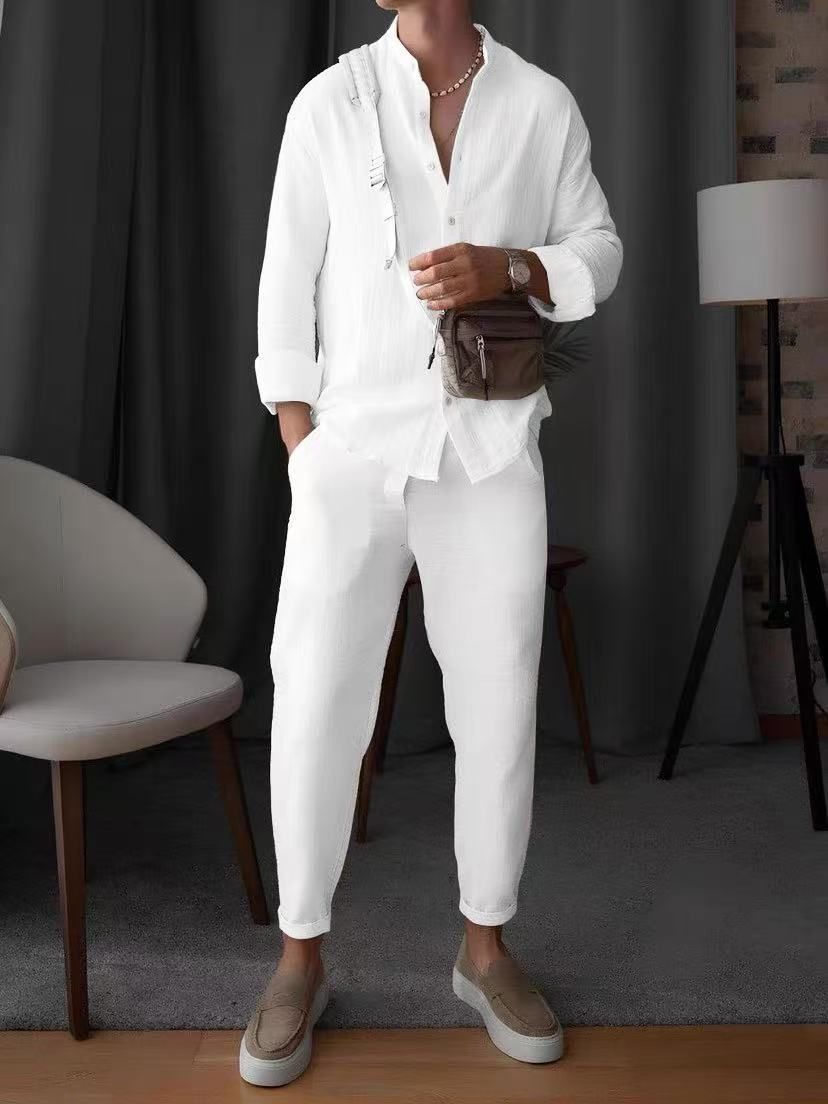 Men's Clothing European And American New Men's Casual Sports Long Sleeved Trousers Two Piece Suit Light Mature Simple Beach Men's Suit_viptrois.com
