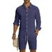 Men's Linen Blend Long Sleeve Shirt & Cargo Shorts Set | Relaxed Fit Multi-Pocket Workwear Style Summer Outfit_viptrois.com