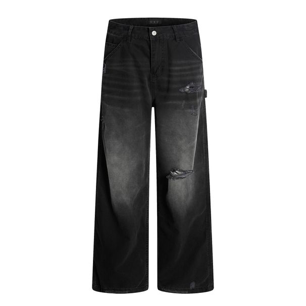 Punk Wasteland Beggar Style Distressed Washed Jeans For Men Vintage Frayed Loose Wide-Leg Straight Work Pants_viptrois.com