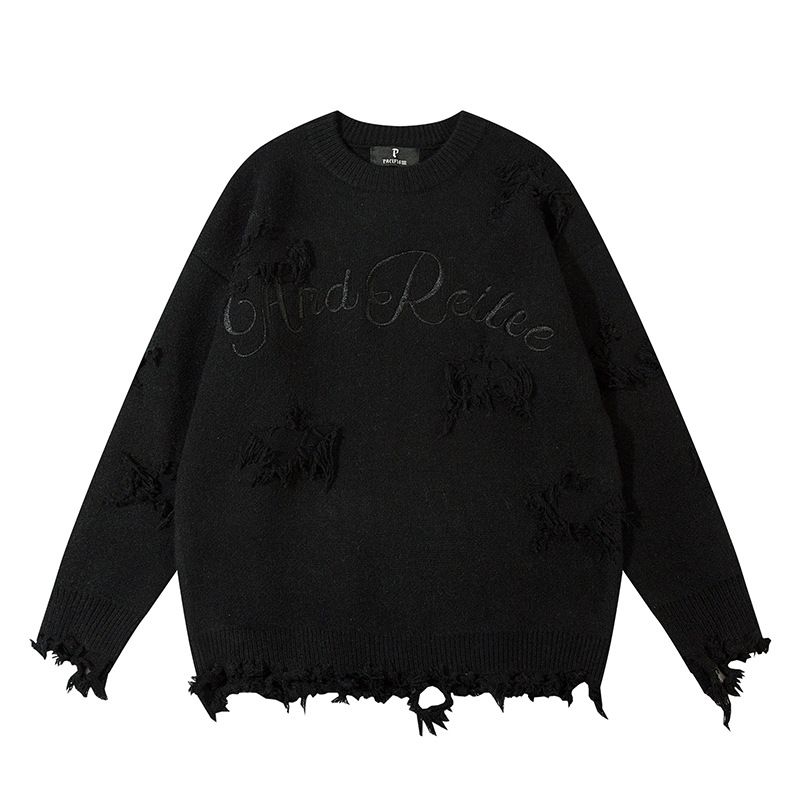Vintage Distressed Letter Jacquard Sweater – Oversized Comfort Knit Pullover For Men (Black/Red/Light Blue/Gray/Burgundy, S/M/L/XL/2XL)_viptrois.com