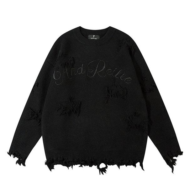 Vintage Distressed Letter Jacquard Sweater – Oversized Comfort Knit Pullover For Men (Black/Red/Light Blue/Gray/Burgundy, S/M/L/XL/2XL)_viptrois.com