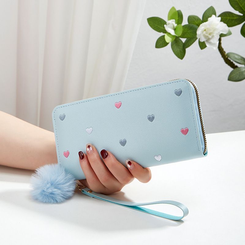 Women's Long Zip Wallet With Heart Embroidery - Fashionable Slim Clutch Purse (Multiple Card Slots, RFID Protection)_viptrois.com