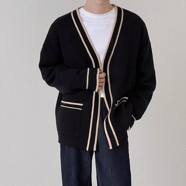Autumn Cardigan Sweater Men's Loose V-neck Knitted Sweater Casual Long Sleeved Sweater Men's Outerwear_viptrois.com