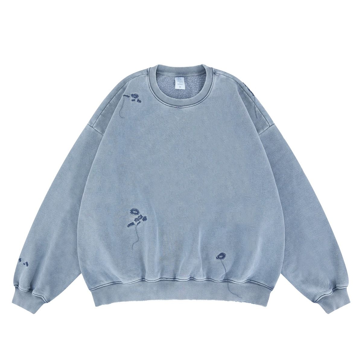 Autumn Winter New Trendy Brand Heavy Washed Faded Embroidered Solid Color Fleece-Lined Crew_viptrois.com