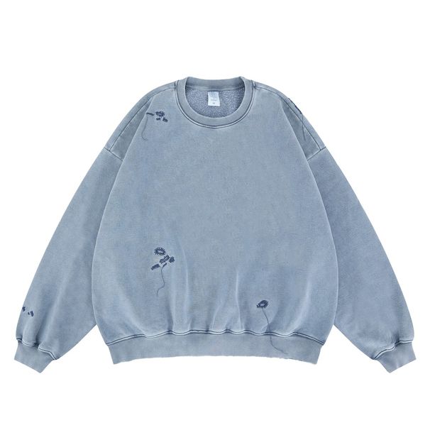 Autumn Winter New Trendy Brand Heavy Washed Faded Embroidered Solid Color Fleece-Lined Crew_viptrois.com