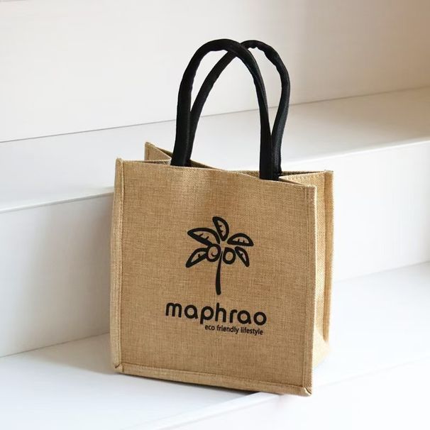 Beach Bag Vintage Tote Bag Natural Linen Simple Shopping Bag Flax Jute Tote With Hand Gift_viptrois.com