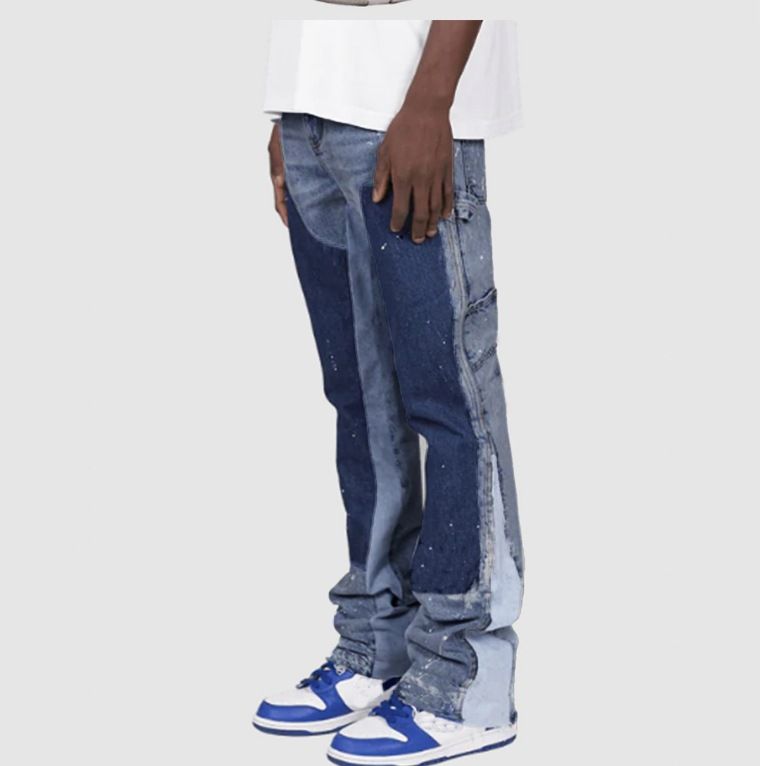 Men's Clothing Fashion Versatile Men's Denim Workwear Elastic Patch Laminated Flared Denim Straight Trousers_viptrois.com
