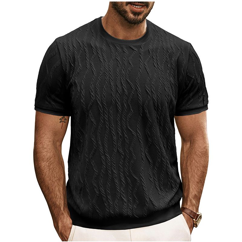 Men's Clothing Short Sleeved T Shirt Jacquard Sweater Round Neck Ribbed Pullover Top_viptrois.com