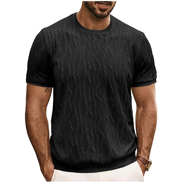 Men's Clothing Short Sleeved T Shirt Jacquard Sweater Round Neck Ribbed Pullover Top_viptrois.com