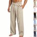 Men's Plus Size Casual Trousers White Linen Slanted Waist Spring_viptrois.com