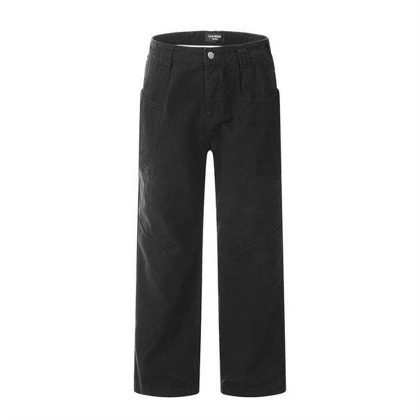 Men's denim pants Men's loose straight leg casual pants with large pockets wide leg floor-length pants_viptrois.com