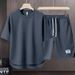 Men's Clothing Summer fashion brand new short sleeved T suit men's loose large size shorts set advanced handsome waffle two piece suit_viptrois.com