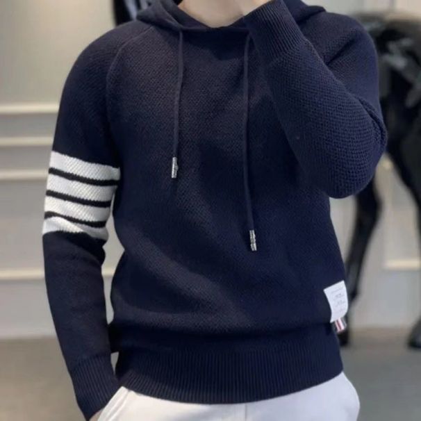 Seasonal Long Sleeved Contrasting Striped Hooded Knitted Sweater For Men, New Men's Knitted Sweater For Men_viptrois.com