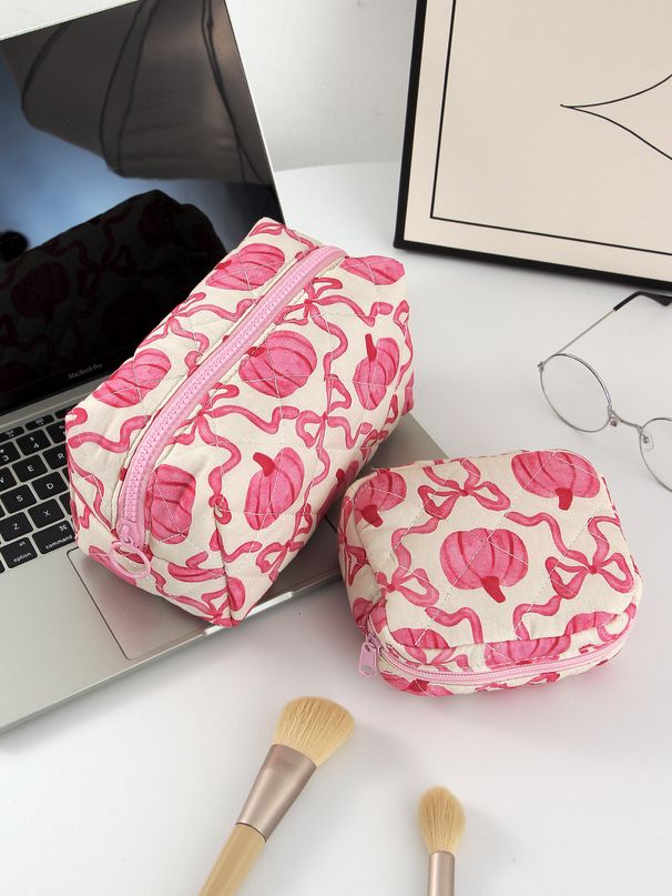 Halloween Pink Pumpkin Bow Large Capacity Cosmetic Bag Storage Bag Quilted_viptrois.com