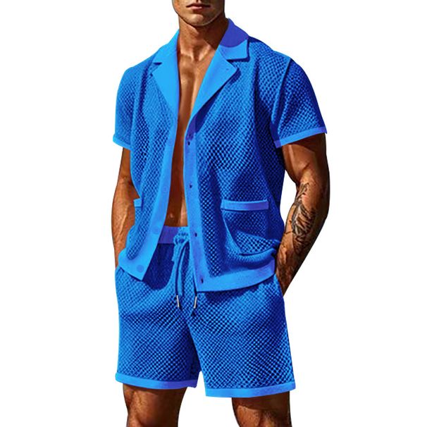 Men's Clothing Mesh Breathable Cool Leisure Suit Thin Men's Short Sleeved Shorts Two Piece Suit_viptrois.com