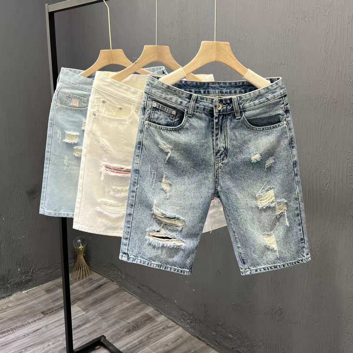 Hand Washed Ethnic Style Embroidered Denim Shorts For Men Heavy Duty High End American Retro Straight Leg Casual Ripped Five Point_viptrois.com