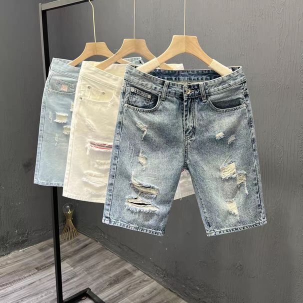 Hand Washed Ethnic Style Embroidered Denim Shorts For Men Heavy Duty High End American Retro Straight Leg Casual Ripped Five Point_viptrois.com