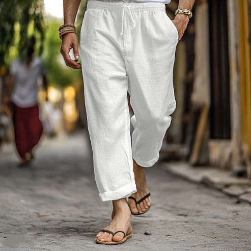 Men's Clothing Trousers Summer Trousers Cotton And Linen Trousers Drawstring Elastic Waist Straight Solid Color Comfortable And Breathable_viptrois.com