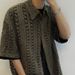 Men's Clothing Retro Old Fashioned Versatile Army Green Vintage Knitted Hollow Breathable Loose Holiday Short Sleeved Shirt Men_viptrois.com
