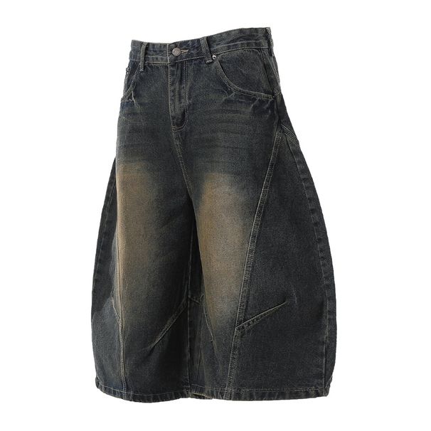 Summer Scimitar Cropped Loose Wide-Leg Denim Shorts Over-The-Knee Casual Mid-Length Men's American Style Versatile Pants_viptrois.com