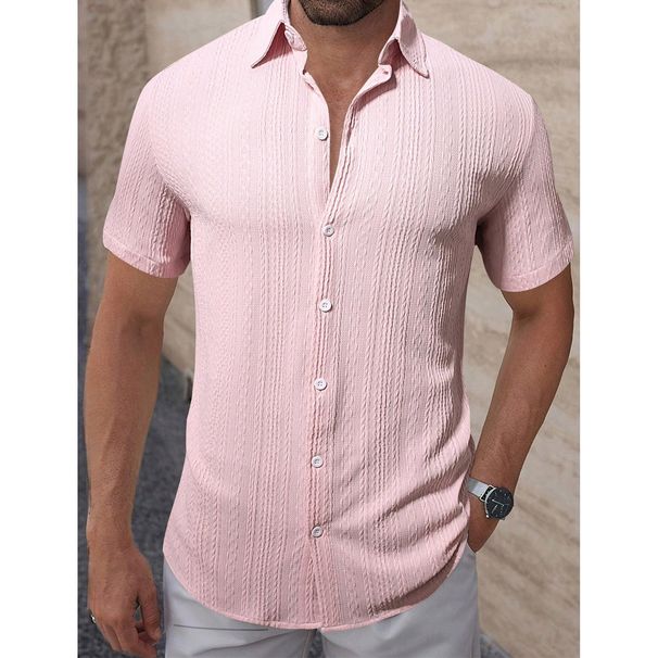 Men's Short Sleeve Casual Shirt – Breathable Textured Lapel, Single-Breasted (Pink/White/Black/Off-White/Burgundy, S-XXL)_viptrois.com