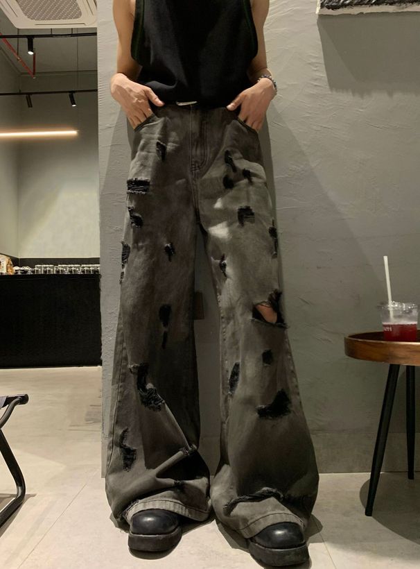 American High Street Distressed Jeans For Men And Women Summer Hip Hop Black Gray Straight Loose Wide Leg Pants_viptrois.com