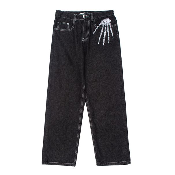 Men's Clothing Men's Denim Dark Black Skeleton Embroidered Jean For Men' INS High Street Fahion Brand Looe Wide Trendy Caual Straight Leg_viptrois.com