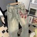 Embroidered Jeans Men's Summer Washed Vintage American High Street Micro Flared Spring And Autumn Loose Straight Leg_viptrois.com