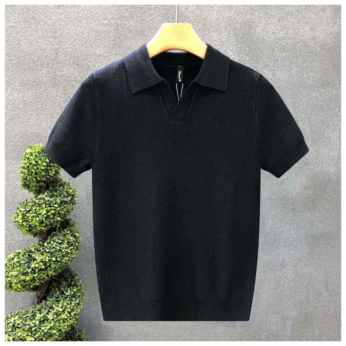 Men's Slim Fit V Neck Polo Shirt Handsome Solid Color Knitted Short Sleeve Casual Retro Korean Style Trendy Top_viptrois.com